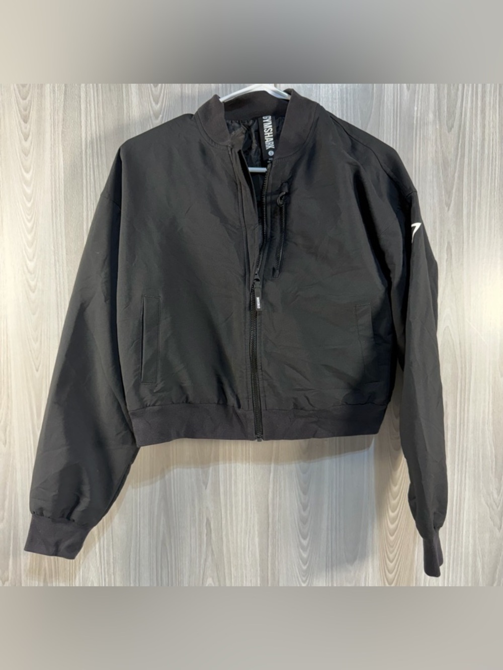 Gymshark Full Zip Bomber Jacket Womens Small Black Lined Cropped Athletic‎ Wear
